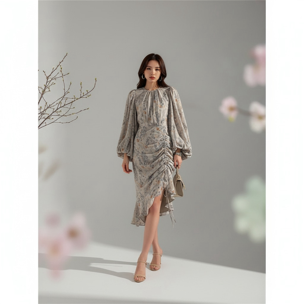 O.P.T. OnePrettyTime French tea floral printed elegant dress puff sleeves Sz S